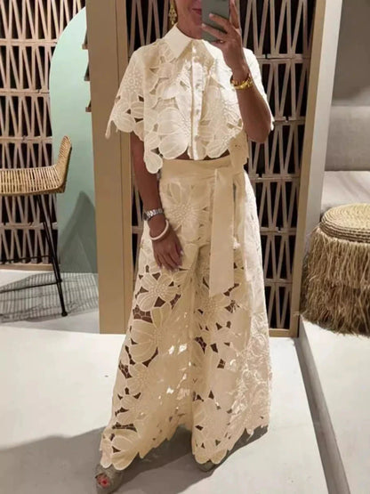 Women Set Short Sleeved Blouse Tops + Tie-up Pants Two Piece set Lace Outfit .