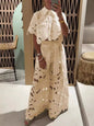 Women Set Short Sleeved Blouse Tops + Tie-up Pants Two Piece set Lace Outfit .