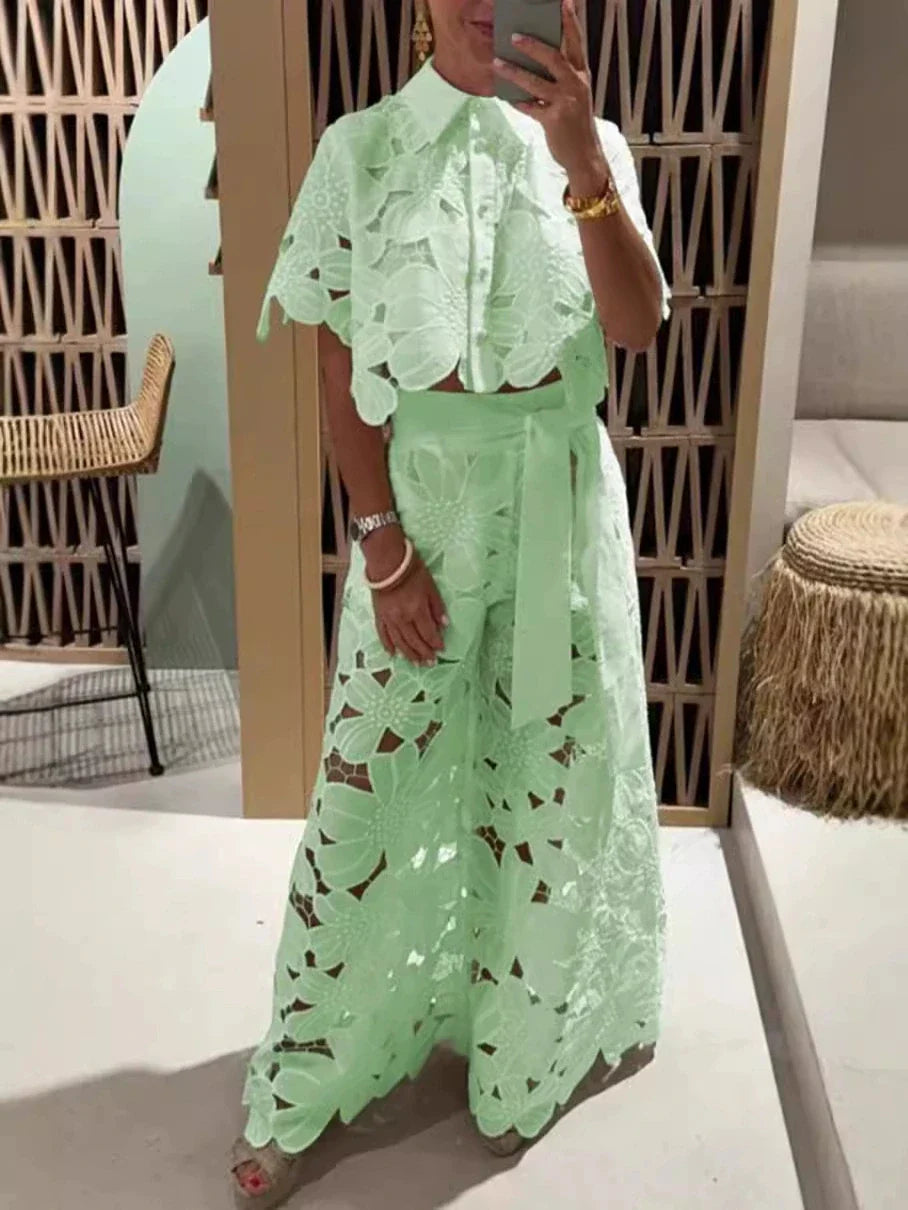 Women Set Short Sleeved Blouse Tops + Tie-up Pants Two Piece set Lace Outfit .