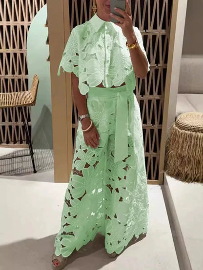 Women Set Short Sleeved Blouse Tops + Tie-up Pants Two Piece set Lace Outfit .