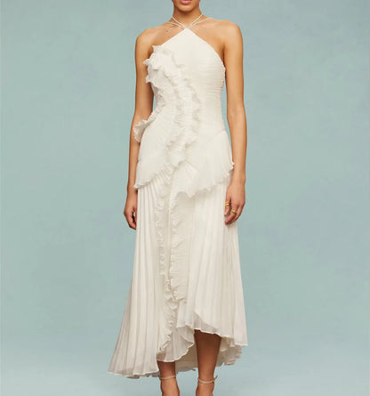 Elegant Women Ruffle Pleated Long Dress , Sleeveless Halter, Tiered Pleated , Maxi Dresses.
