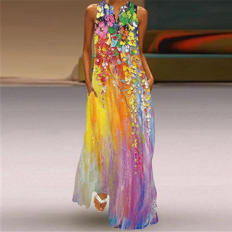 Elegant Sleeveless Women Dress, Vintage Print Loose Long Maxi Dresses Lady V Neck Pocket Sundress Plus Size