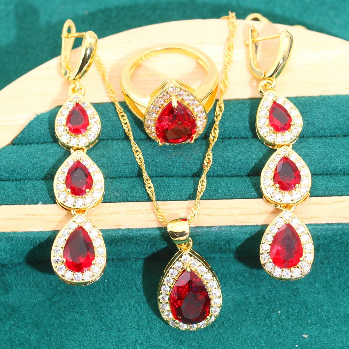 Blue Water Drop Zircon Necklace Earring Ring Bracelet 3-piece Set