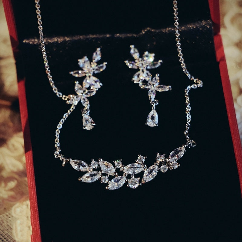 French Exquisite Zircon Leaves Super Fairy Bridal Wedding Necklace Earrings
