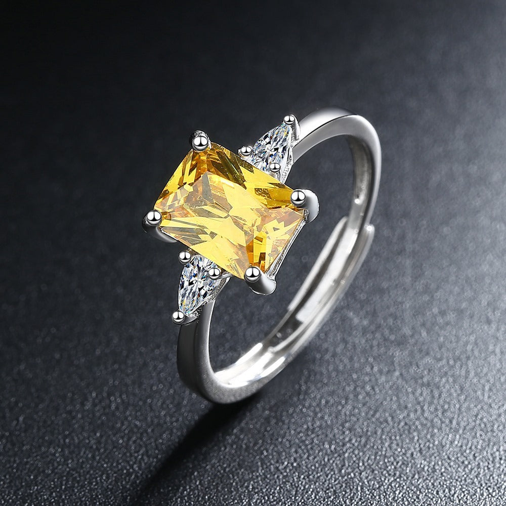 Ring Women's Simple Rectangular Yellow Diamond Zircon Opening Ring Diamond