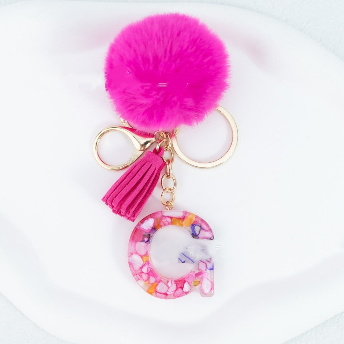 Rose Red Stone 26 English Letters Keychain Fur Ball Tassel Key Bag Pendant