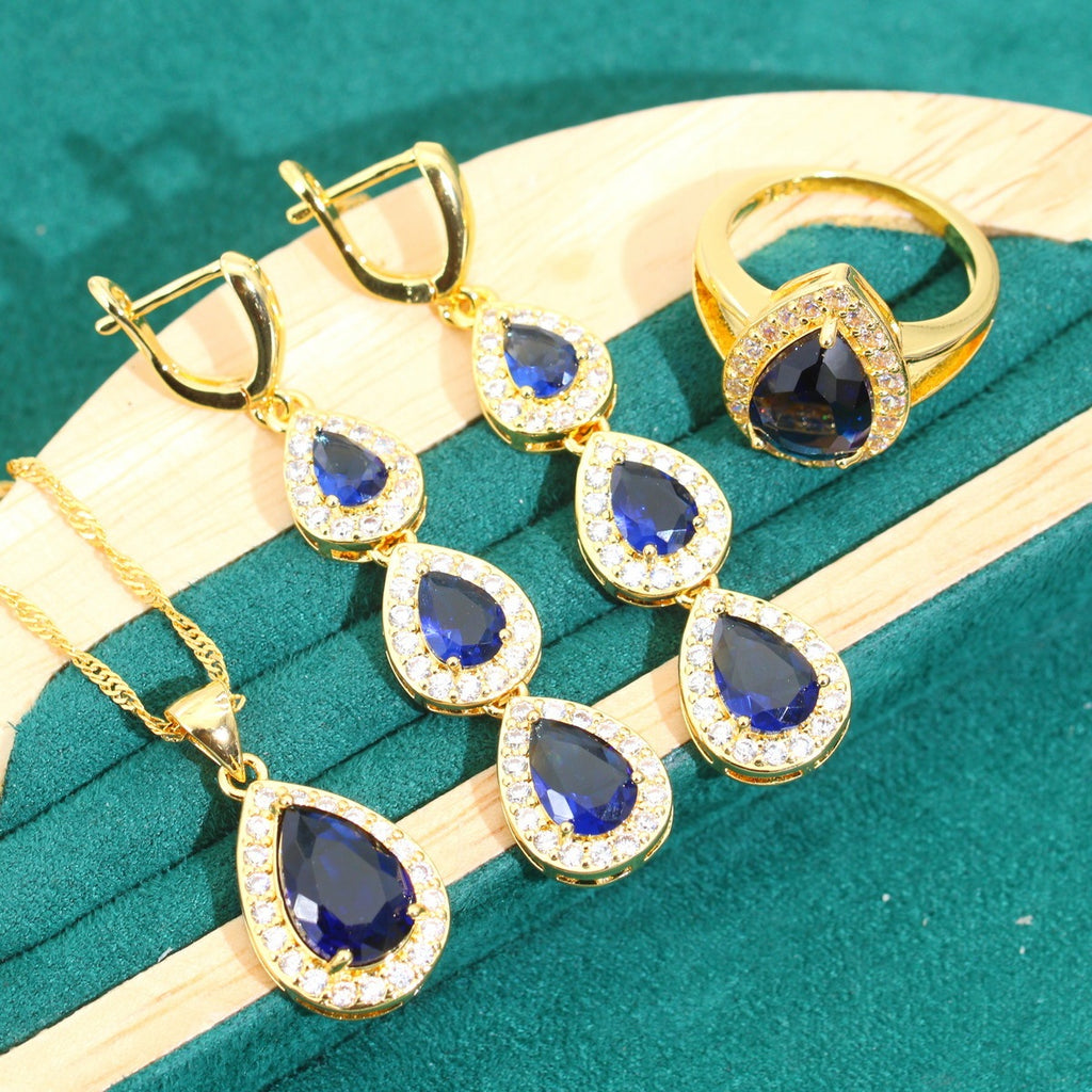 Blue Water Drop Zircon Necklace Earring Ring Bracelet 3-piece Set