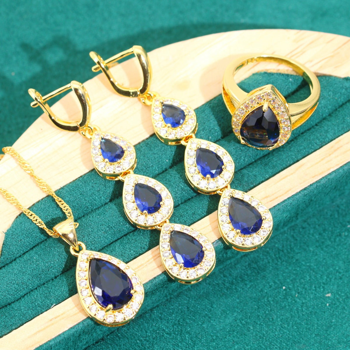 Blue Water Drop Zircon Necklace Earring Ring Bracelet 3-piece Set