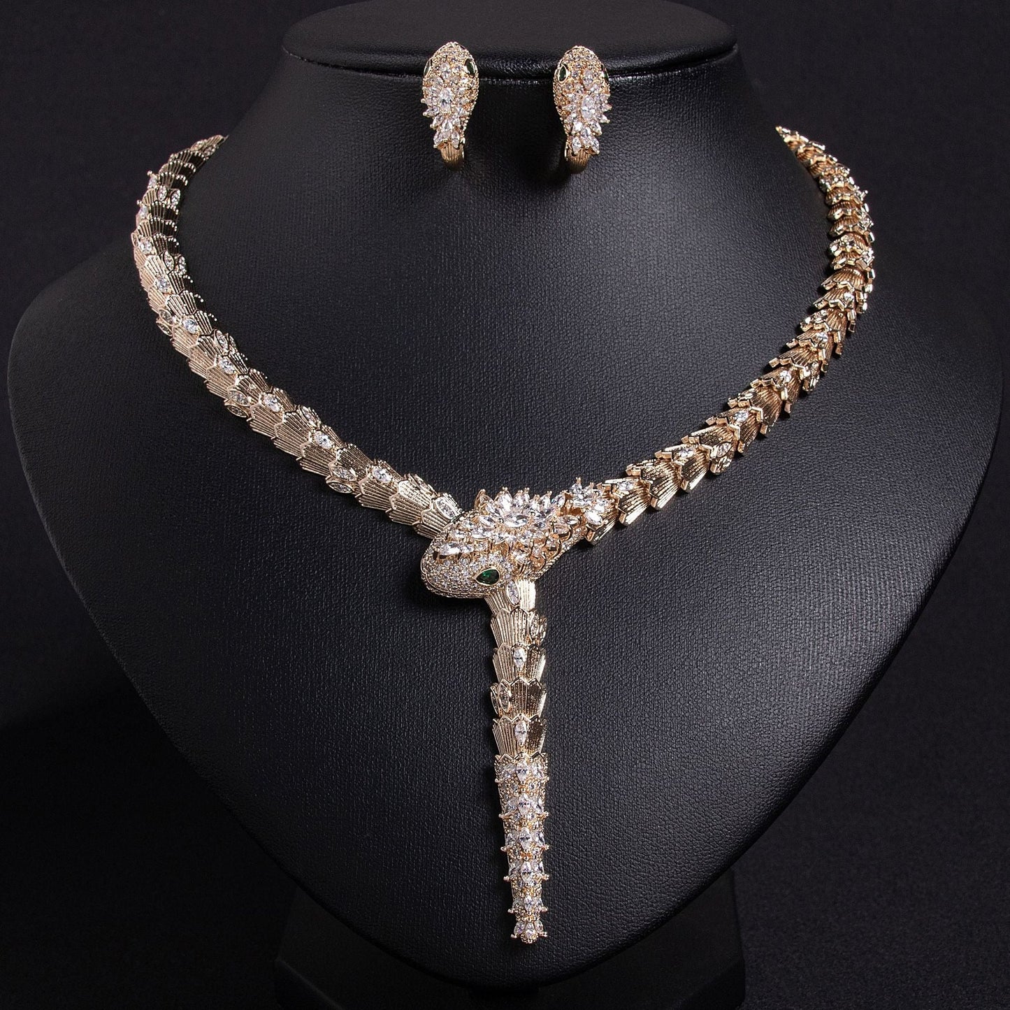 S925 Silver and Zircon Snake-Design Necklace and Earrings Jewelry Set