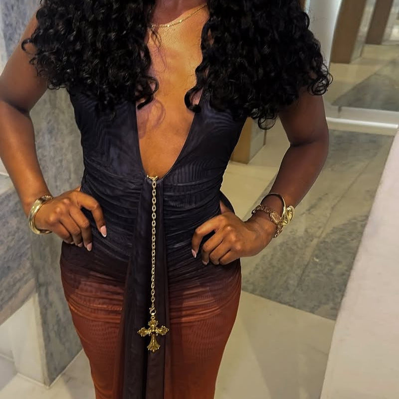 Womens Bold-Color Chic Sexy Deep-V Backless Bodycon Dress