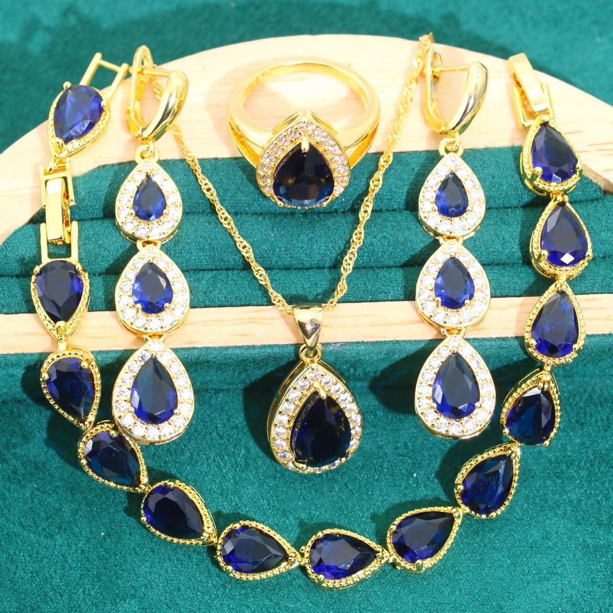 Blue Water Drop Zircon Necklace Earring Ring Bracelet 3-piece Set