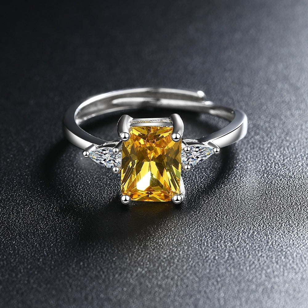 Ring Women's Simple Rectangular Yellow Diamond Zircon Opening Ring Diamond