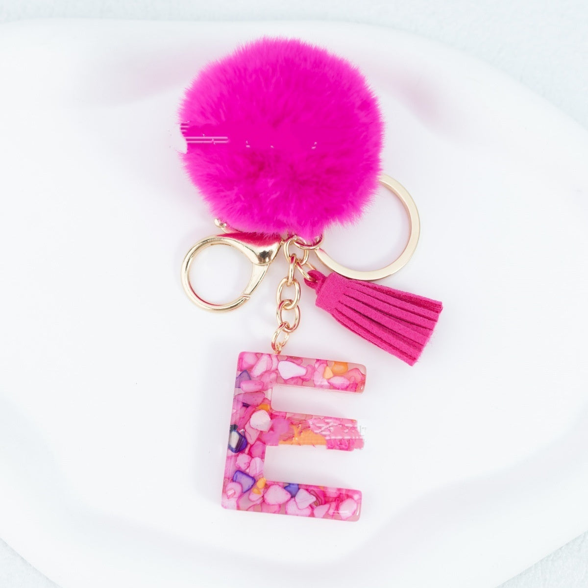 Rose Red Stone 26 English Letters Keychain Fur Ball Tassel Key Bag Pendant