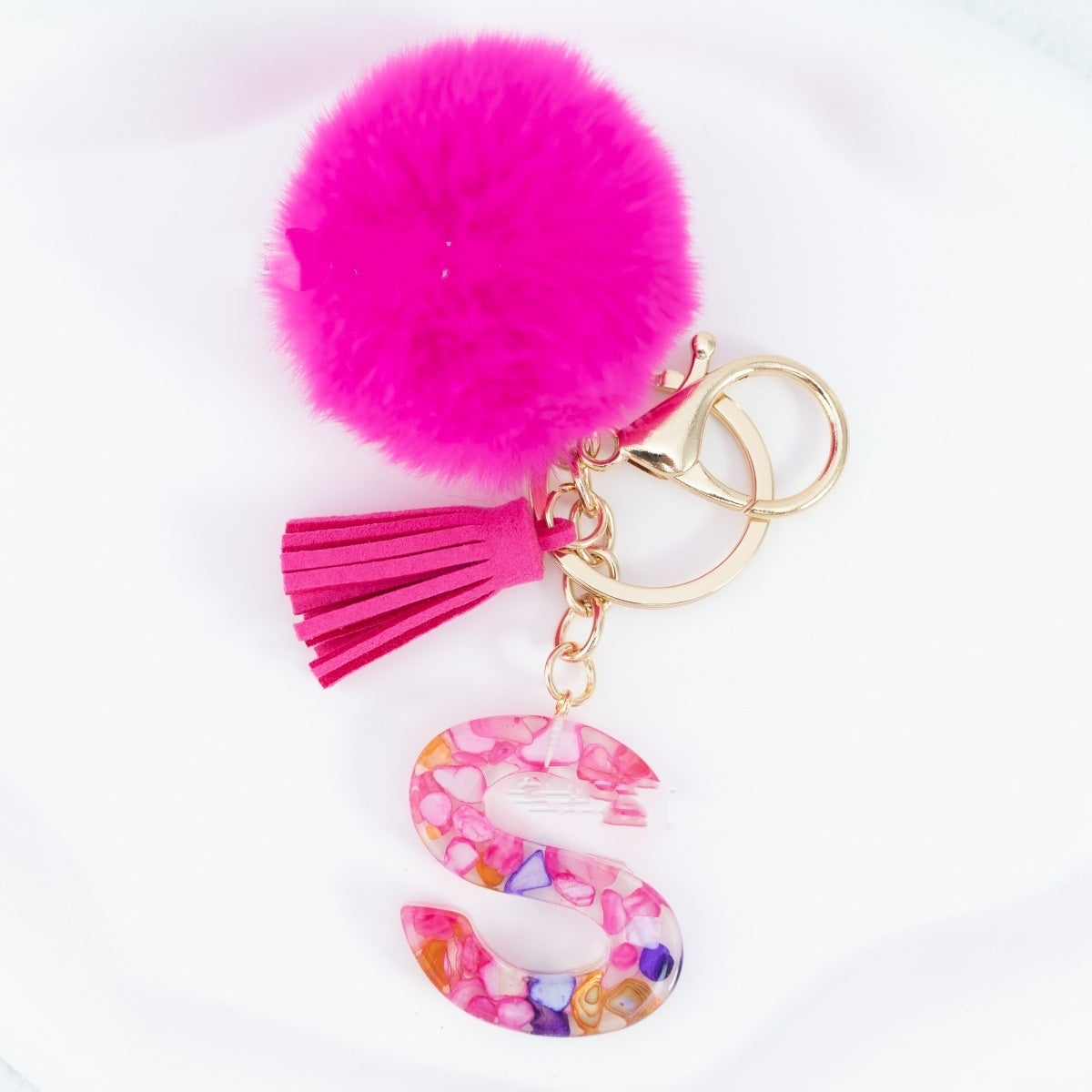 Rose Red Stone 26 English Letters Keychain Fur Ball Tassel Key Bag Pendant