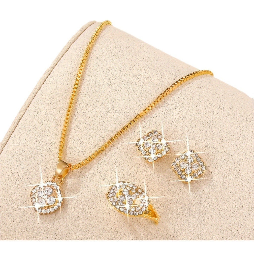 Light Luxury Diamond All-match Necklace Ring Three-piece Earrings Set