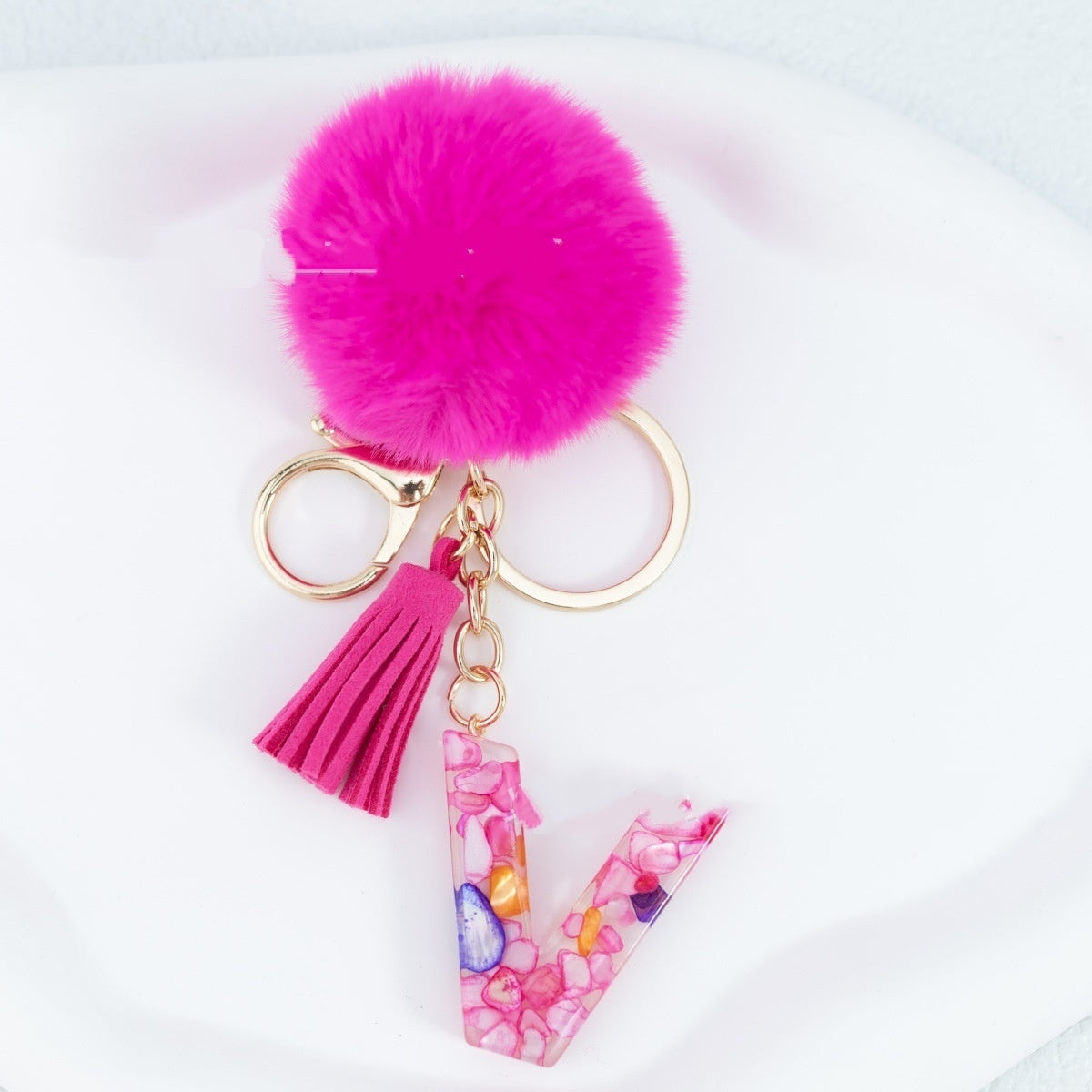 Rose Red Stone 26 English Letters Keychain Fur Ball Tassel Key Bag Pendant