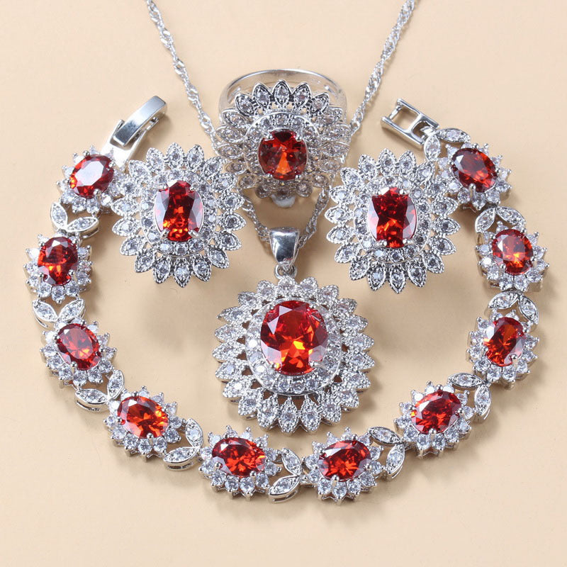 Garnet Cubic Zirconia Earrings Pendant Necklace Bracelet Ring Gift 4 PCs Set