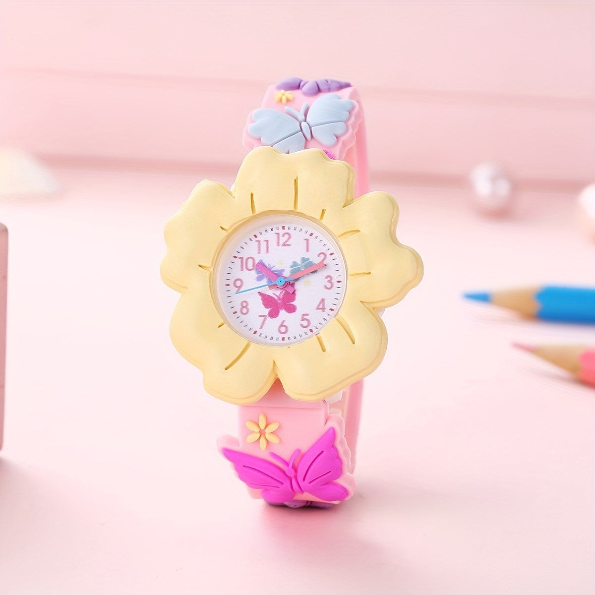 Student Girl Children Cartoon Color Cute Flowers Pattern Silicone Quartz Watch