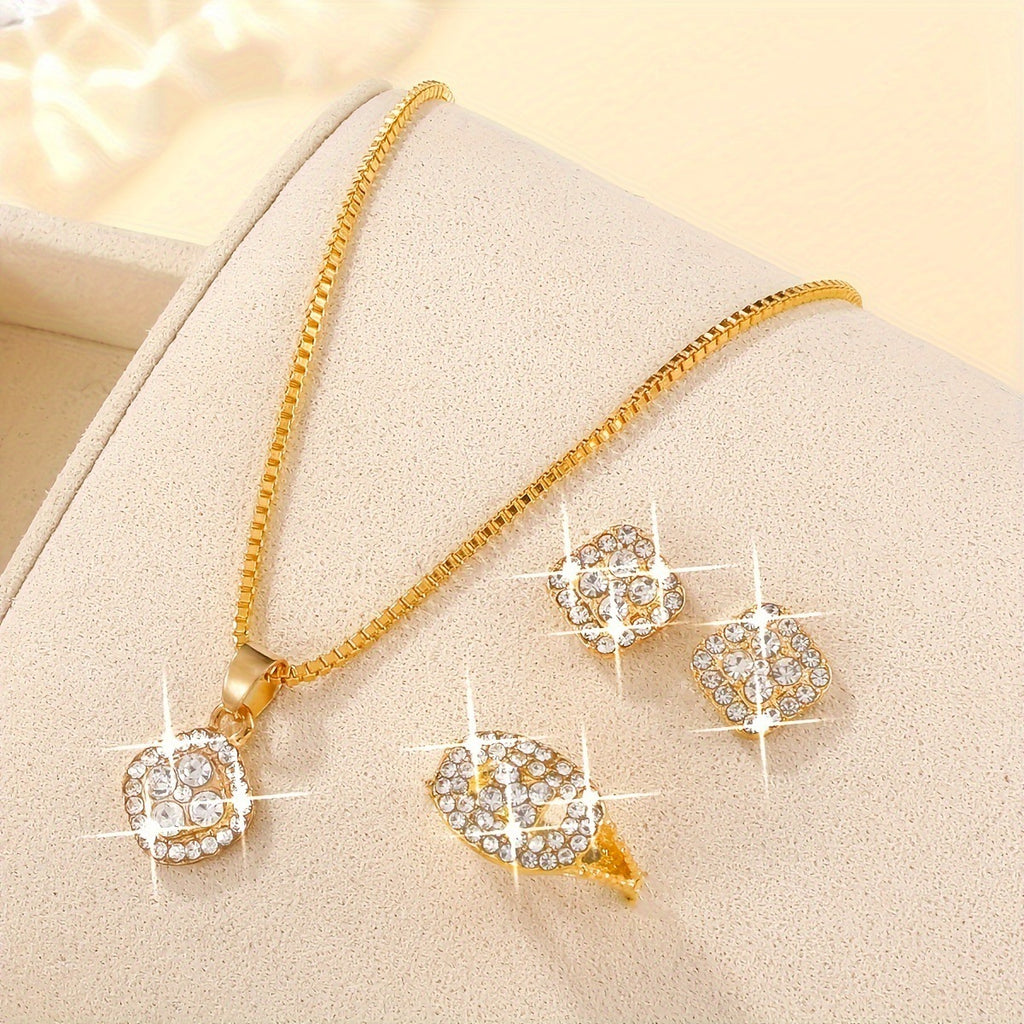 Light Luxury Diamond All-match Necklace Ring Three-piece Earrings Set