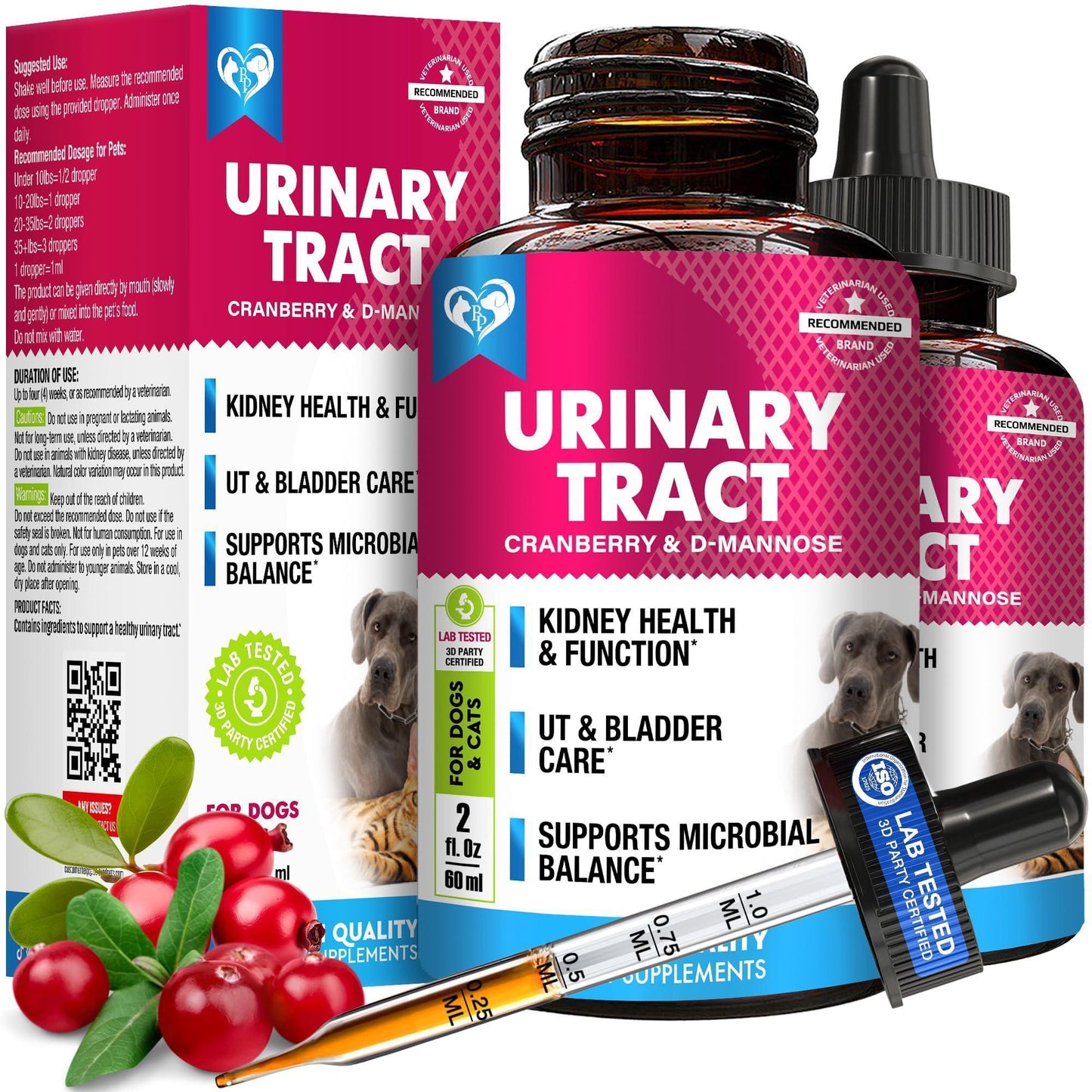 Cat Dog Urinary Tract Infection Treatment Natural UTI Medicine Cranberry 2 Pack 60 ml D Mannose  Kidney Bladder Support Best for Incontinence Pet Renal Health & Care Drops