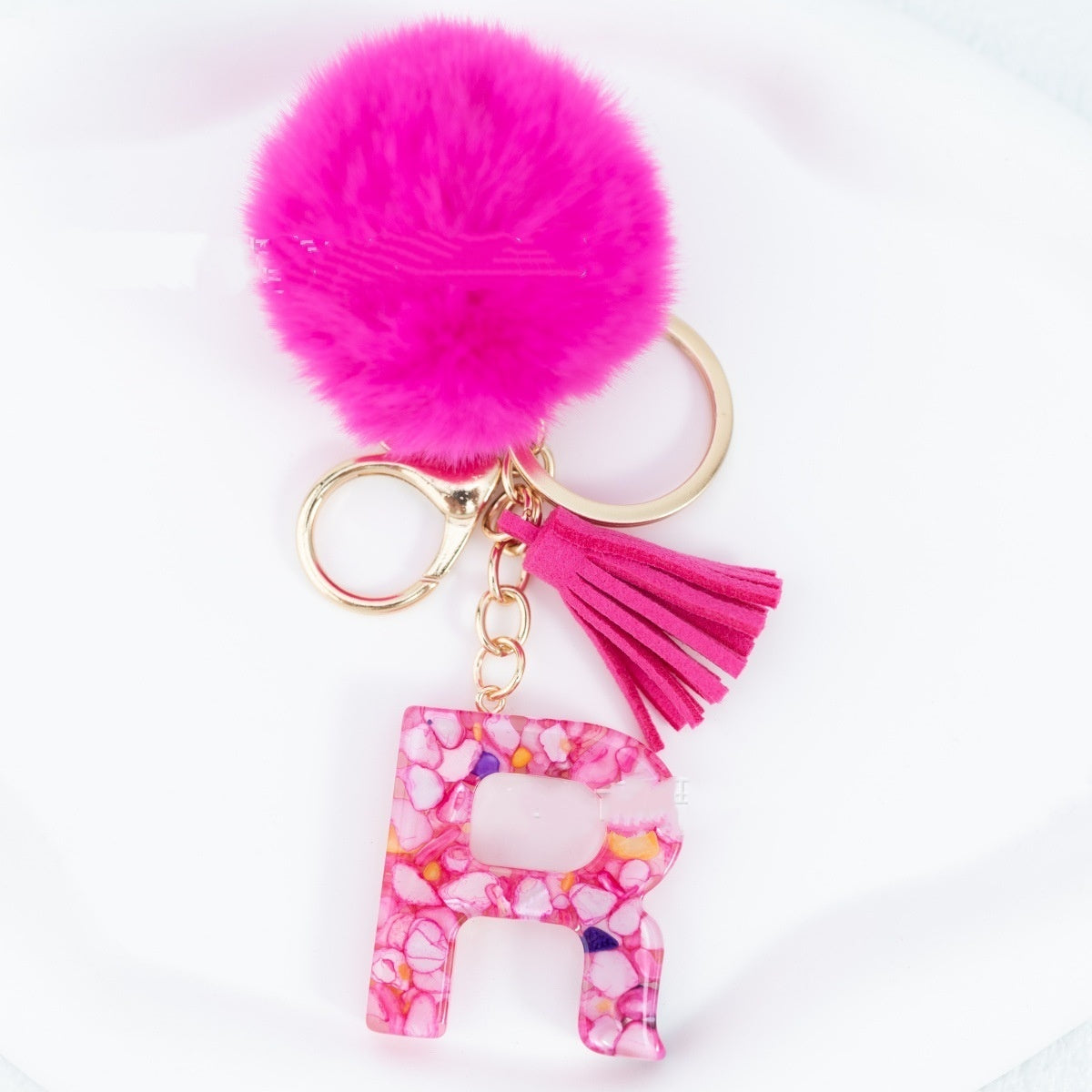 Rose Red Stone 26 English Letters Keychain Fur Ball Tassel Key Bag Pendant