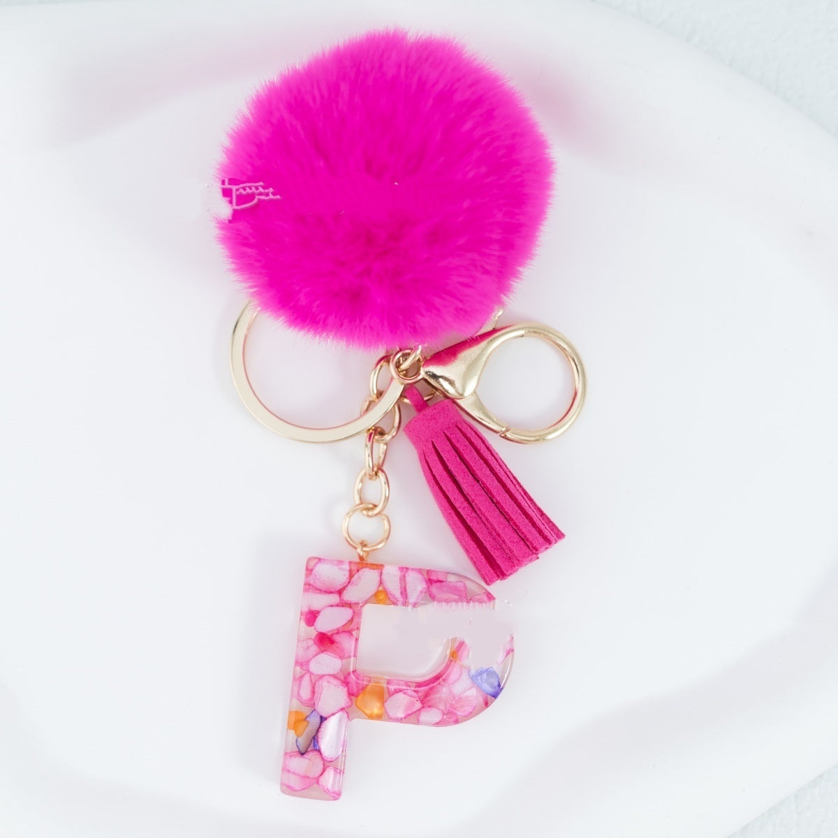 Rose Red Stone 26 English Letters Keychain Fur Ball Tassel Key Bag Pendant