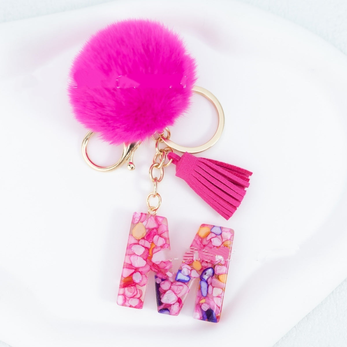 Rose Red Stone 26 English Letters Keychain Fur Ball Tassel Key Bag Pendant