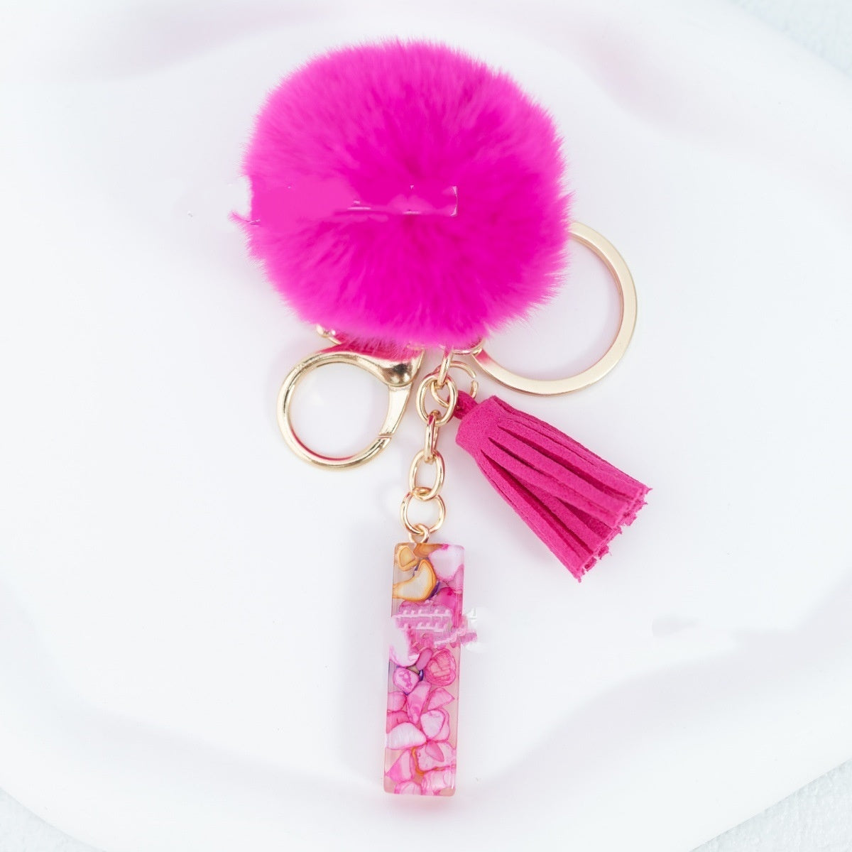 Rose Red Stone 26 English Letters Keychain Fur Ball Tassel Key Bag Pendant