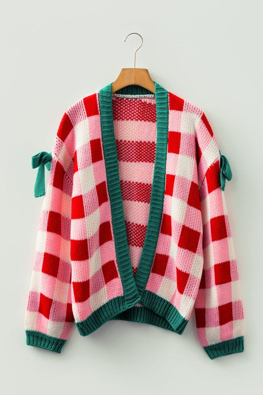 Christmas Plaid Bow Open Front Sweater Knit Cardigan