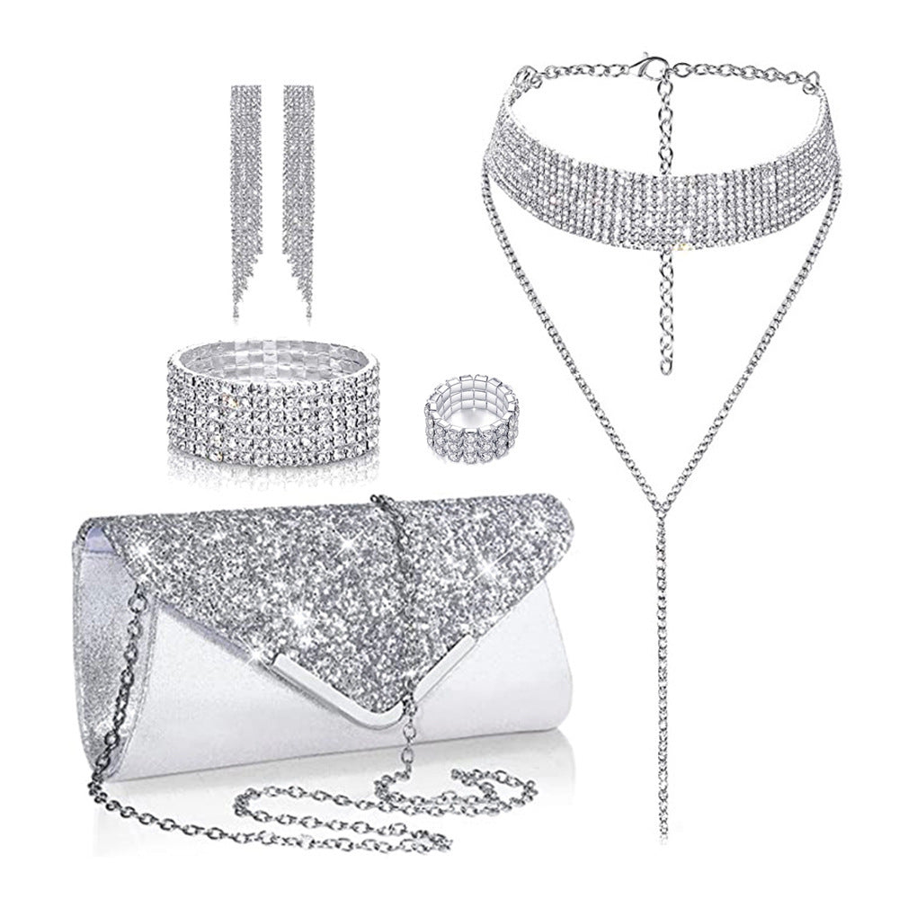 European And American Full Diamond Banquet Package Tassel Bracelet Earrings Necklace Set
