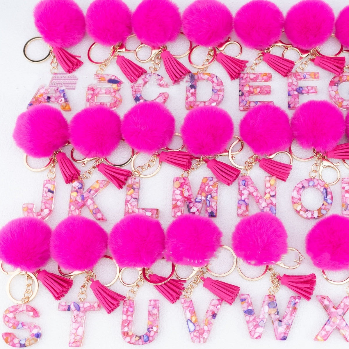 Rose Red Stone 26 English Letters Keychain Fur Ball Tassel Key Bag Pendant