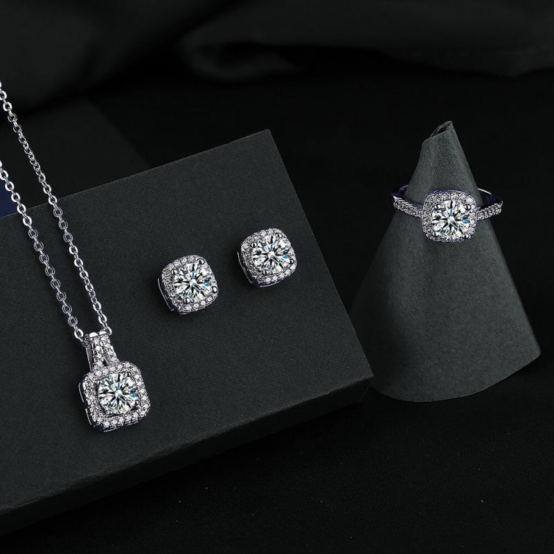 Square Bag Diamond Necklace Rings Ear Studs Suit