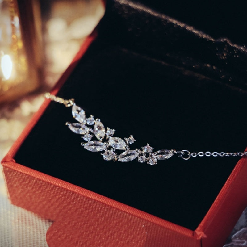 French Exquisite Zircon Leaves Super Fairy Bridal Wedding Necklace Earrings