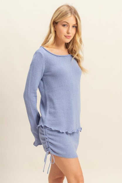 Chill Mode Long Sleeve Top & Ruched Laced Up Side Mini Skirt Set- Periwinkle