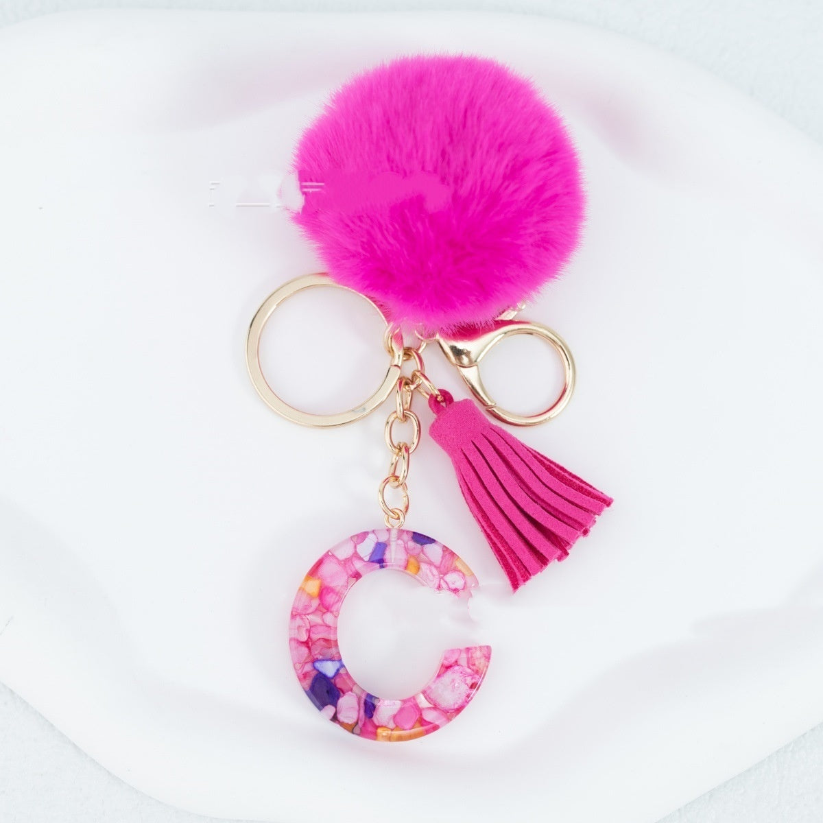 Rose Red Stone 26 English Letters Keychain Fur Ball Tassel Key Bag Pendant