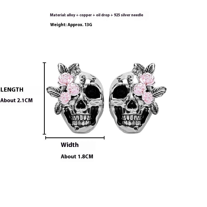 Rose Skull Silver Pin Earrings Ring