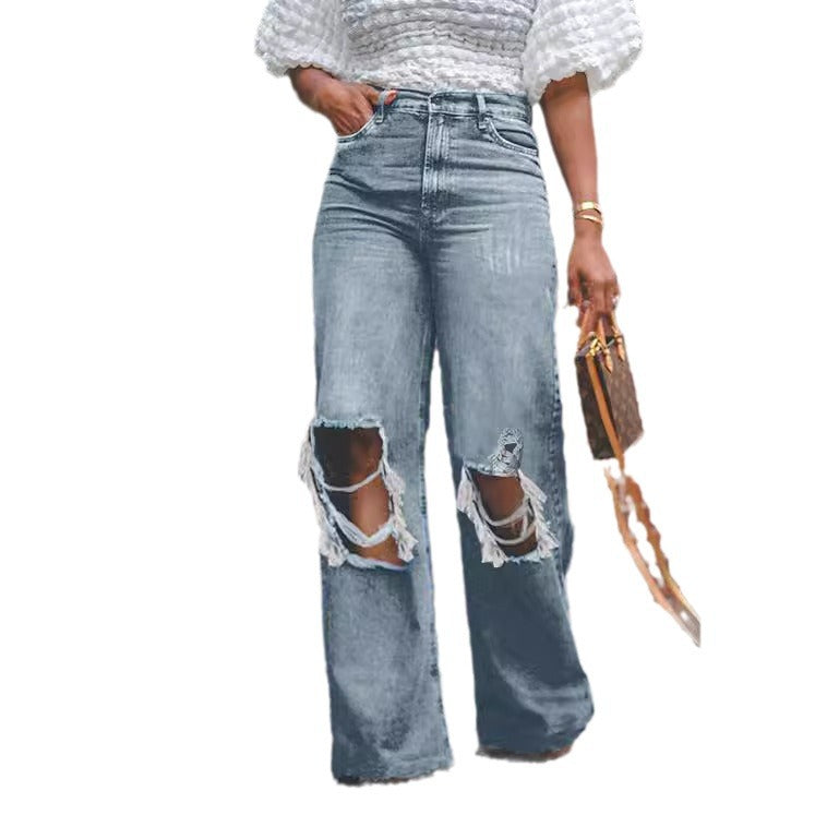 Womens Distressed Ripped Straight-Leg Washed Denim Jeans