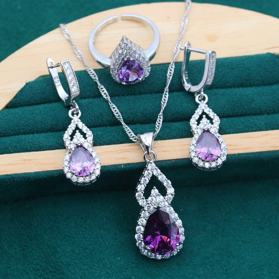 Zircon Inlaid Water Drop Jewelry Earring Ring Necklace