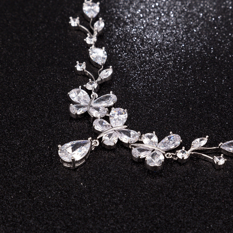 New Bridal Necklace And Earrings Suite Butterfly Zircon