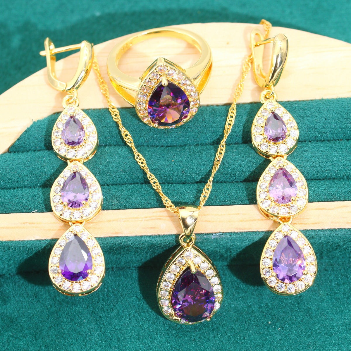 Blue Water Drop Zircon Necklace Earring Ring Bracelet 3-piece Set