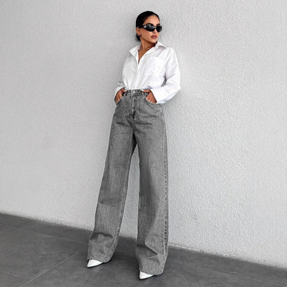 Silver-gray Straight-leg Womens Springfall Denim Jeans With A Draped Versatile Fit High Waist And Slimming Effect