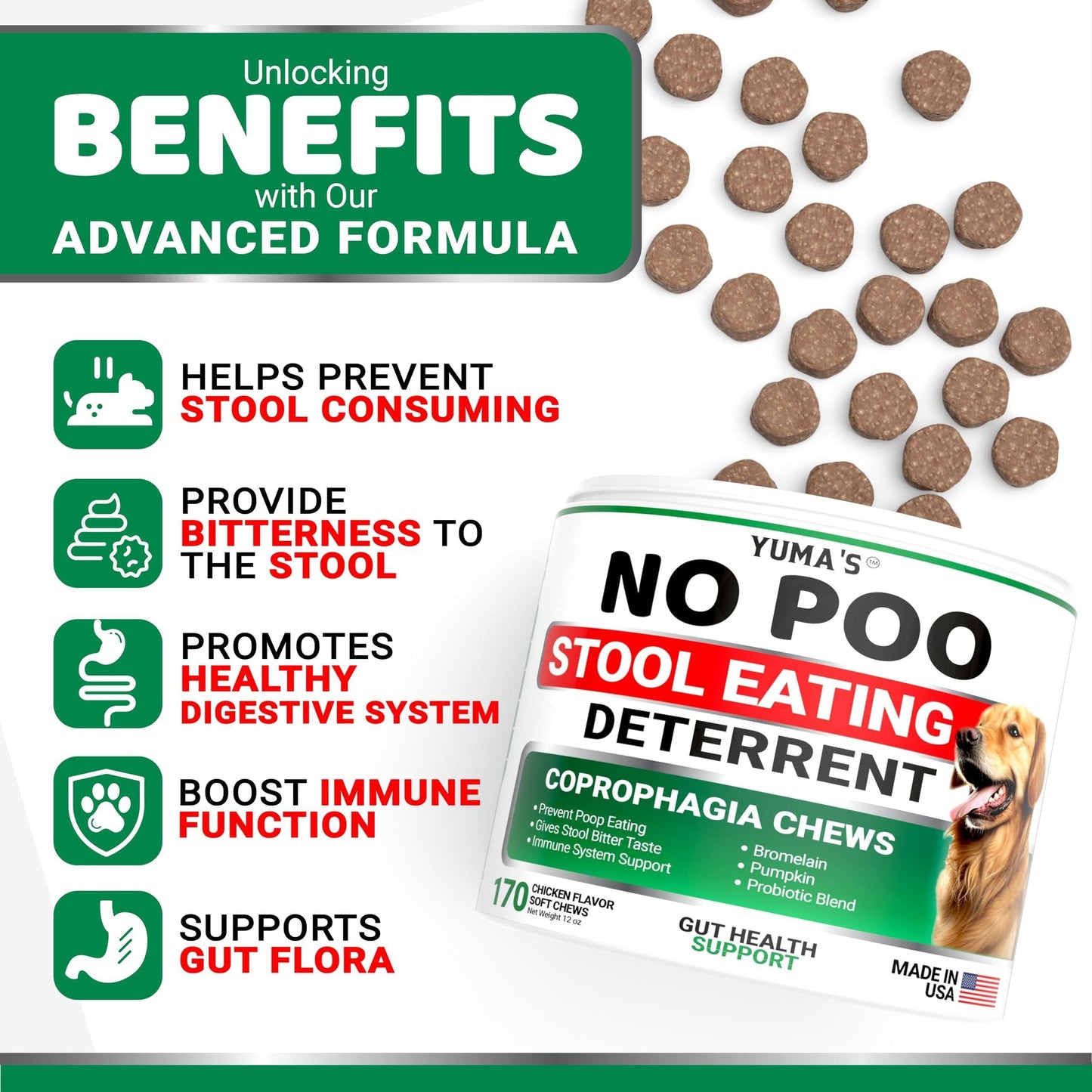 No Poo Chews for Dogs   170 Ct   Coprophagia No Poop Eating Deterrent for Dogs   Stop Eating Poop for Canine   Probiotics & Digestive Enzymes Supplement   Made in USA