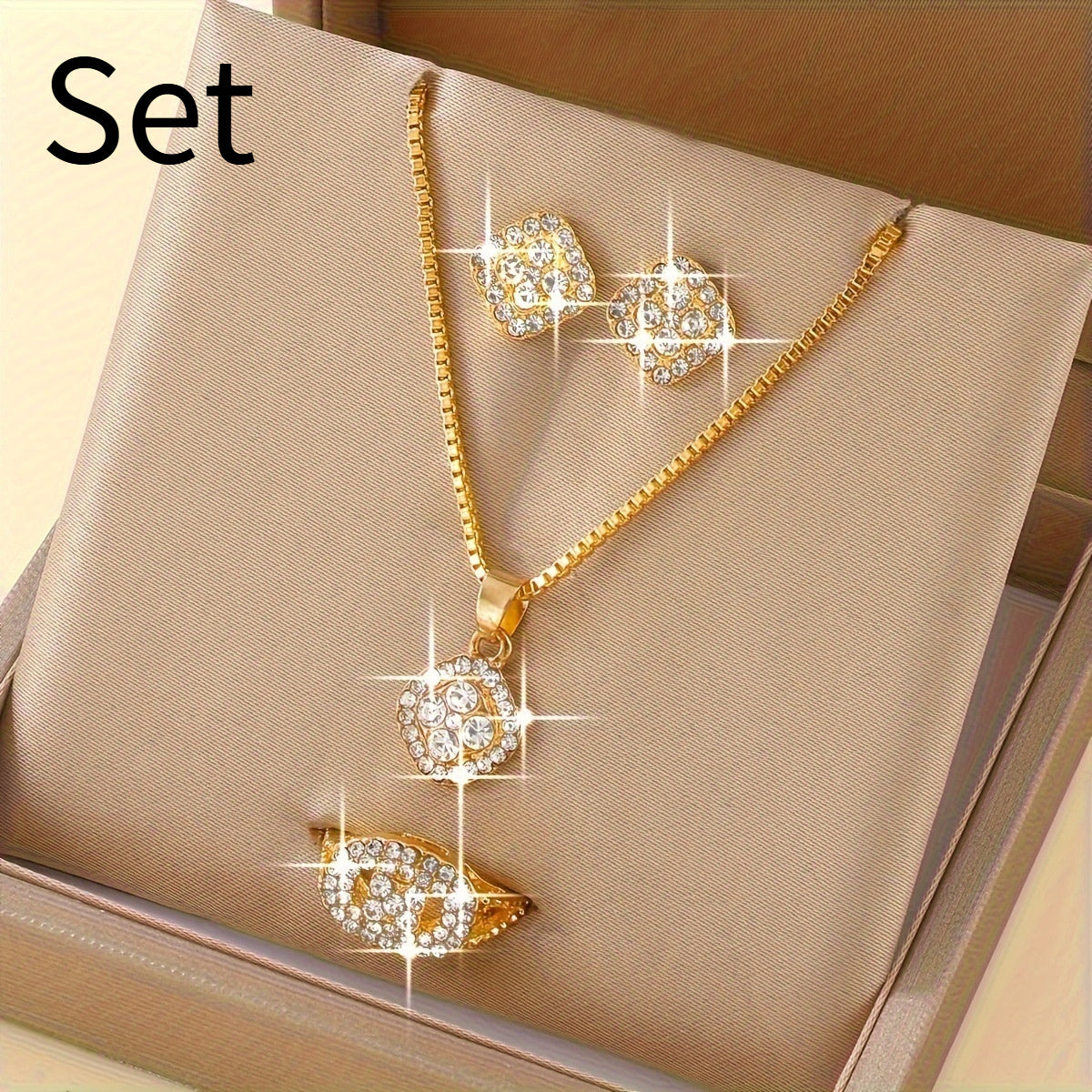 Light Luxury Diamond All-match Necklace Ring Three-piece Earrings Set