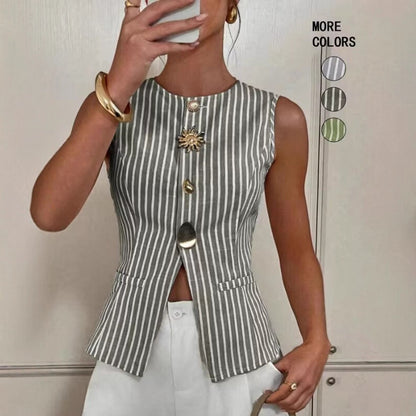 Striped Single-Breasted Vest Fashionable Round-Neck Irregular-Button Tank Top
