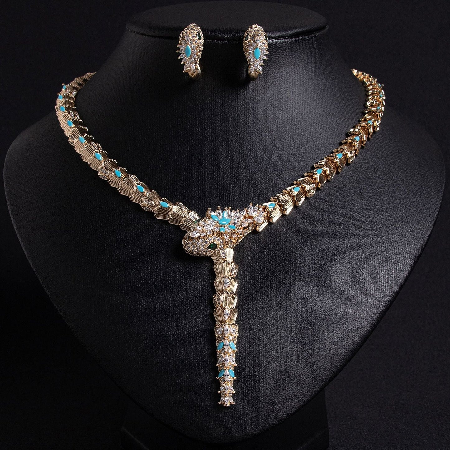 S925 Silver and Zircon Snake-Design Necklace and Earrings Jewelry Set