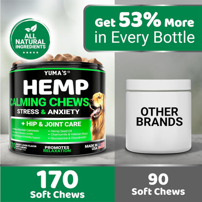 Hemp Calming Chews for Dogs   Advanced Dog Calming Chews   170 Treats   Anxiety Relief Treats   Hemp Oil   Separation Aid Stress Hip and Joint Supplement for Canine Health Support   Beef Flavor