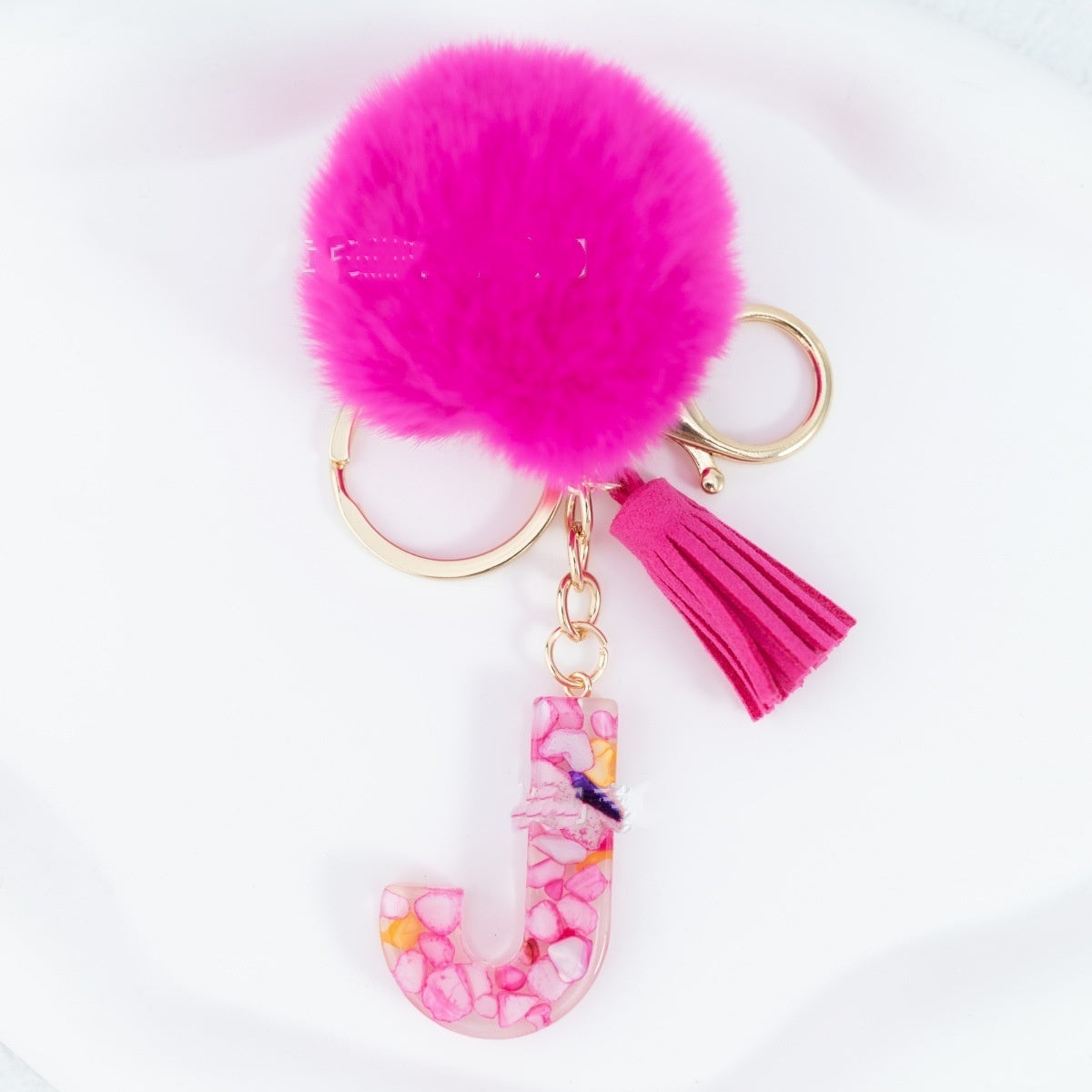 Rose Red Stone 26 English Letters Keychain Fur Ball Tassel Key Bag Pendant
