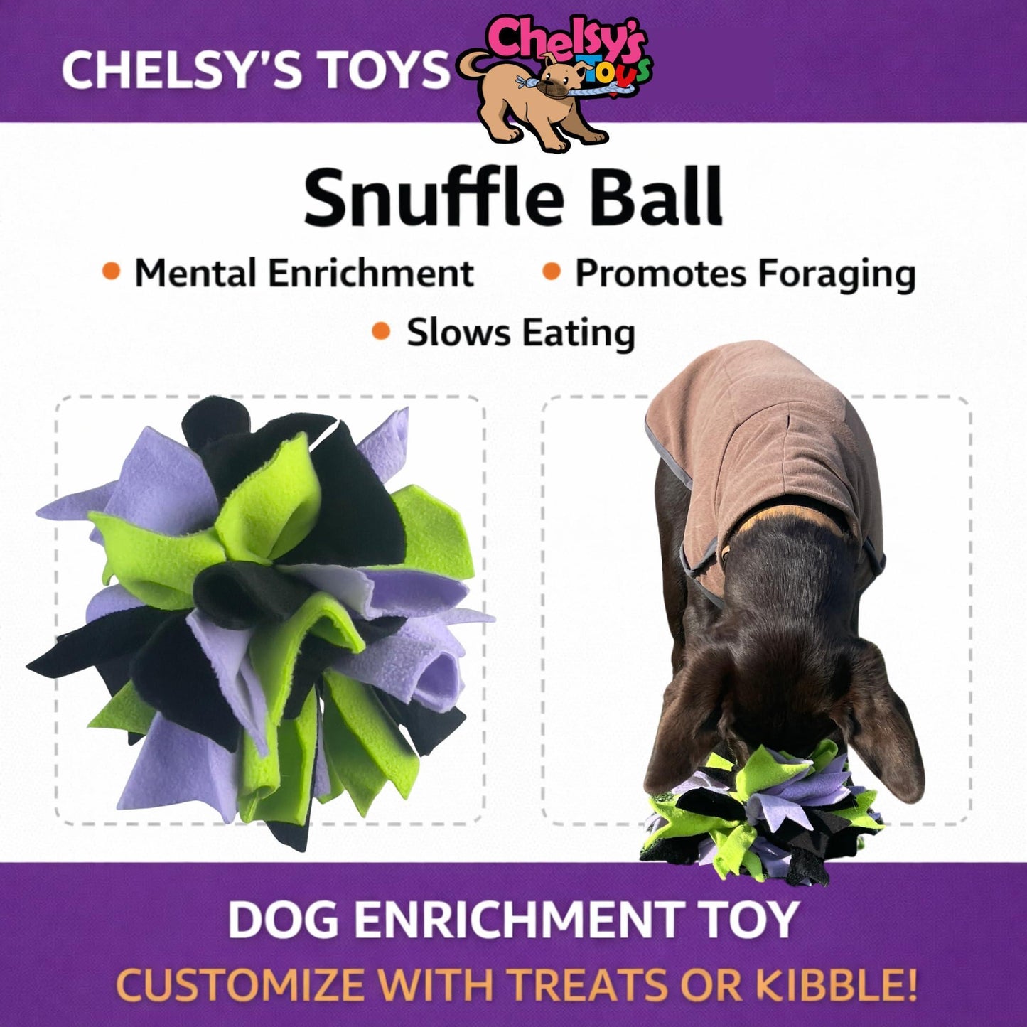 Interactive Snuffle Ball for Dogs Mental Stimulation Toy Slow Play Blue Treat Dispenser Brain Exercise for Puppies & Seniors Teething Relief Blue Orange Purple