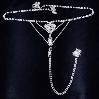 Heart Rhinestone Panty Body Jewelry with Garter Belt