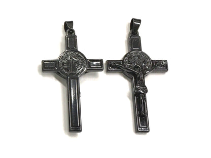 All Black Saint Benedict Crucifix Medal Cross Catholic Light Weight Chain Necklace for Men Black Religious San Benito Jesus